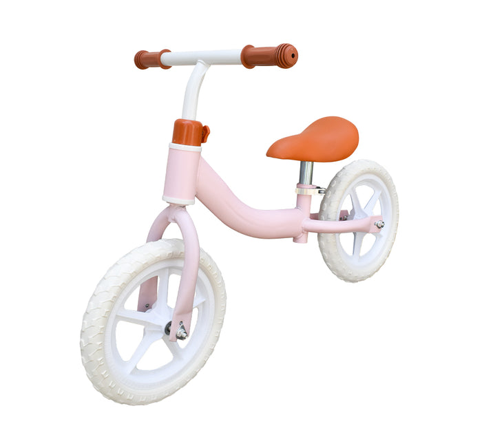 Bicicleta de aprendizaje Biandi aro 10 rosada con asiento café, vista frontal en ángulo