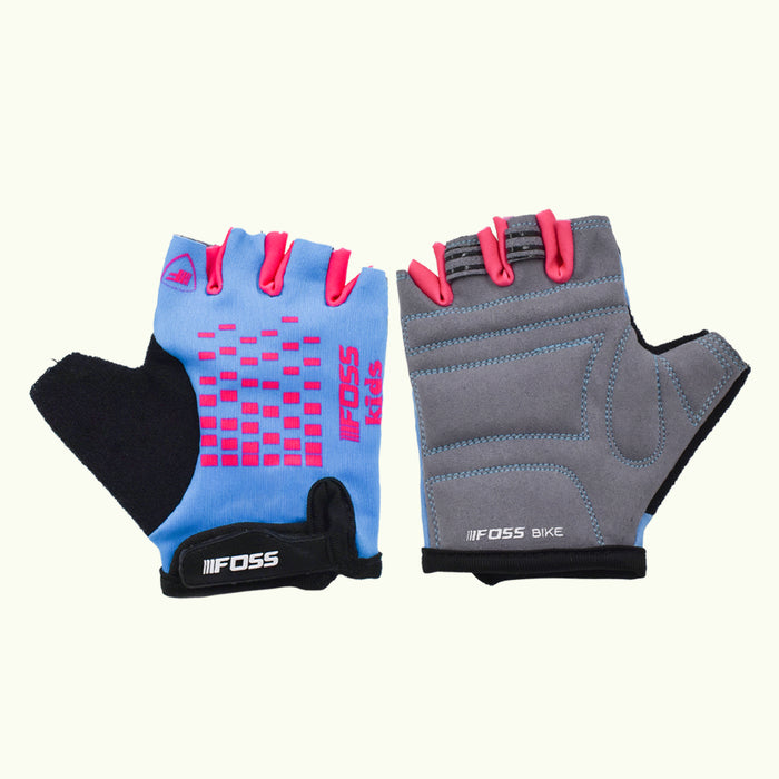 Par de guantes cortos infantiles Foss celestes con fucsia