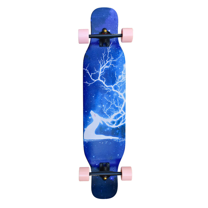Longboard Puente Ciervo Blanco azul con ruedas rosadas