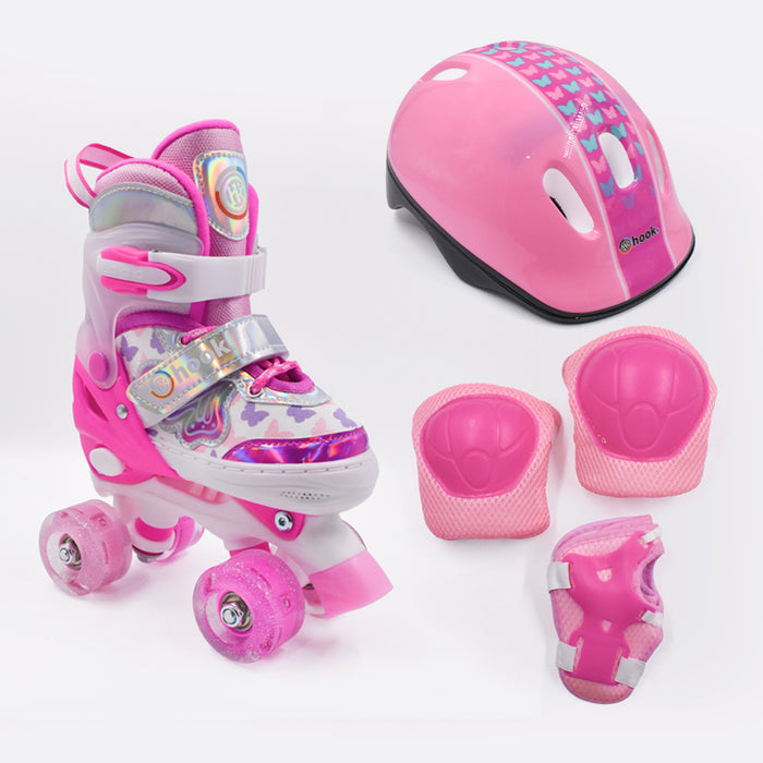 Set de patines quad infantiles Hook Mariposas con ruedas LED, casco y protecciones rosados