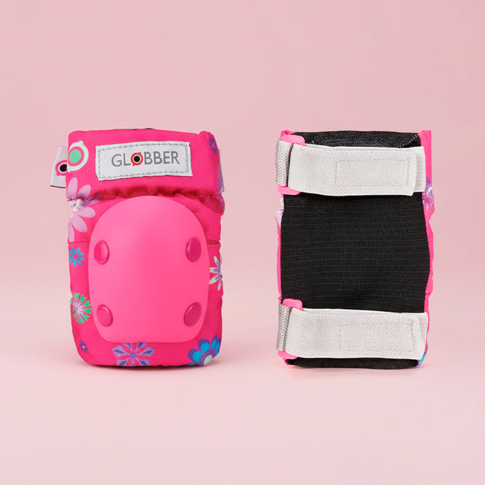 Protecciones infantiles Globber Flowers Pink rodillera y codera vistas de frente y por dentro