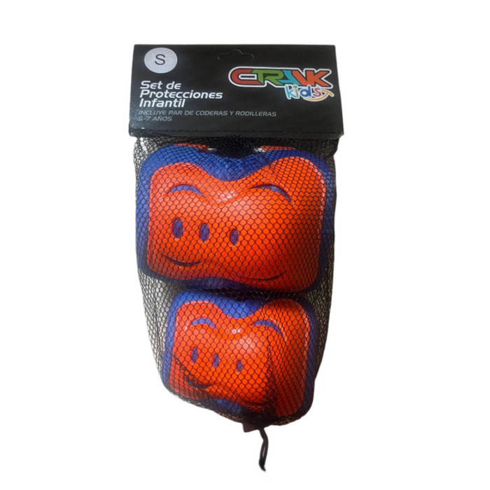 Set de protecciones infantiles Crank Kids naranja y azul en su empaque