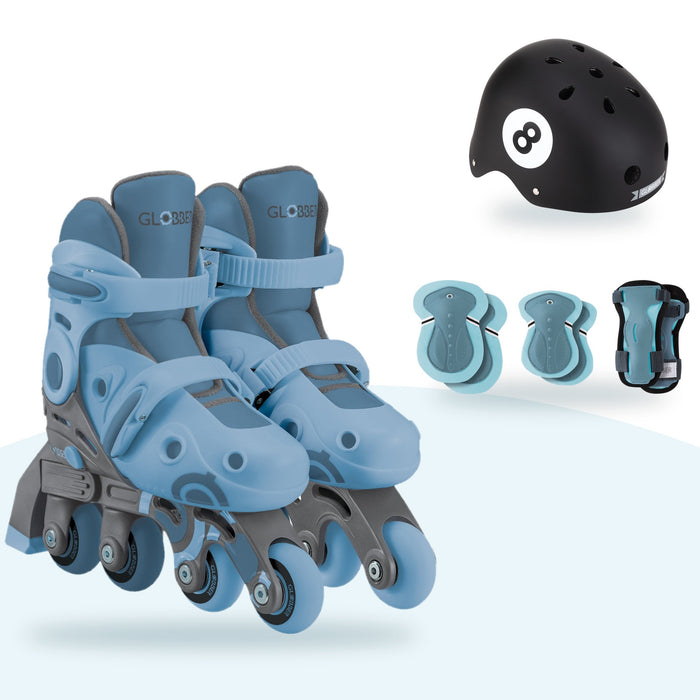 Kit Globber Azul: patines 2 en 1 Azul, casco Primo Fantasy 8 Ball y protecciones Pastel Blue