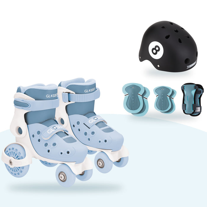 Kit Globber Quad Azul: patines quad Asch Blue, casco Primo Fantasy 8 Ball y protecciones Pastel Blue