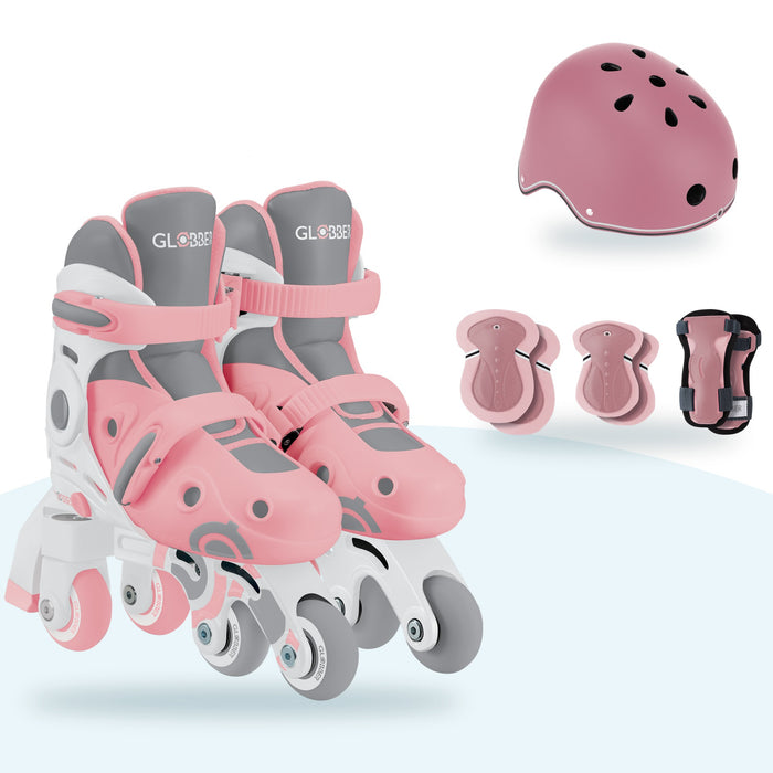 Kit Globber Rosado: patines 2 en 1 Rosado, casco Primo Lights Deep Pastel Pink y protecciones Pastel Pink