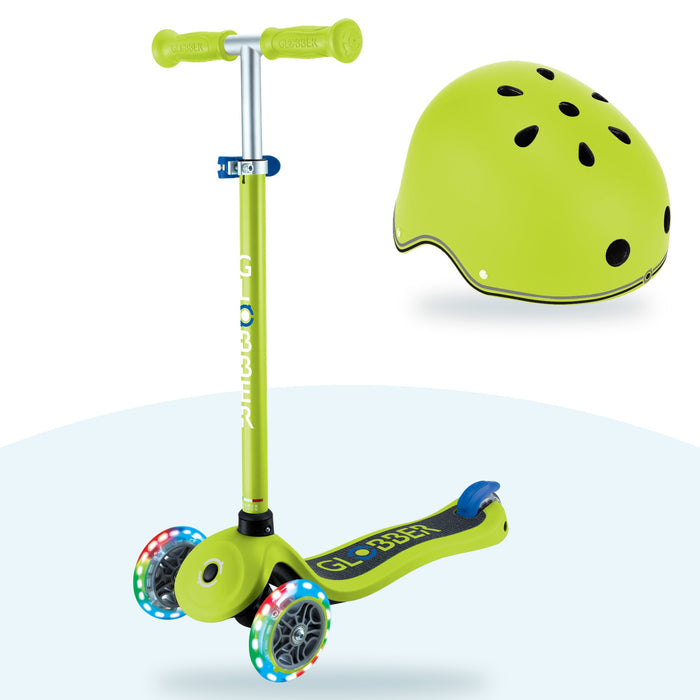 Kit Globber: scooter Primo Lights Lime Green Navy Blue y casco Primo Lights Lime Green