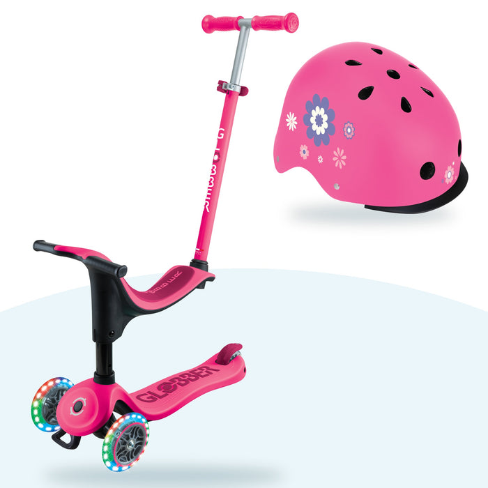 Kit Globber: scooter Go Up Sporty Lights Dark Pink y casco Primo Fantasy Deep Pink Flowers