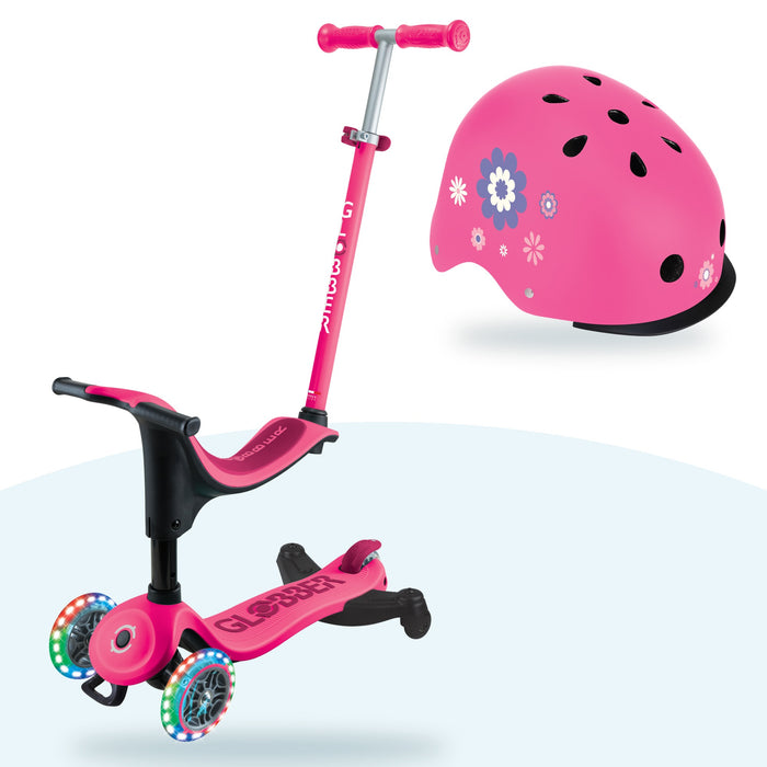 Kit Globber: scooter Go Up Deluxe Lights 360 y casco Primo Fantasy Deep Pink Flowers