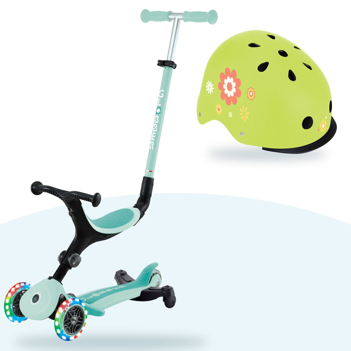 Kit Globber: scooter Go Up Sporty Lights 360 Dark Mint y casco Primo Fantasy Lime Green Flowers