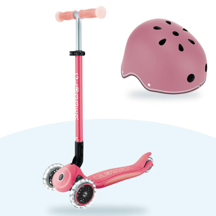 Kit Globber: scooter Elite Glow Lights Coral Pink y casco Primo Lights Deep Pastel Pink