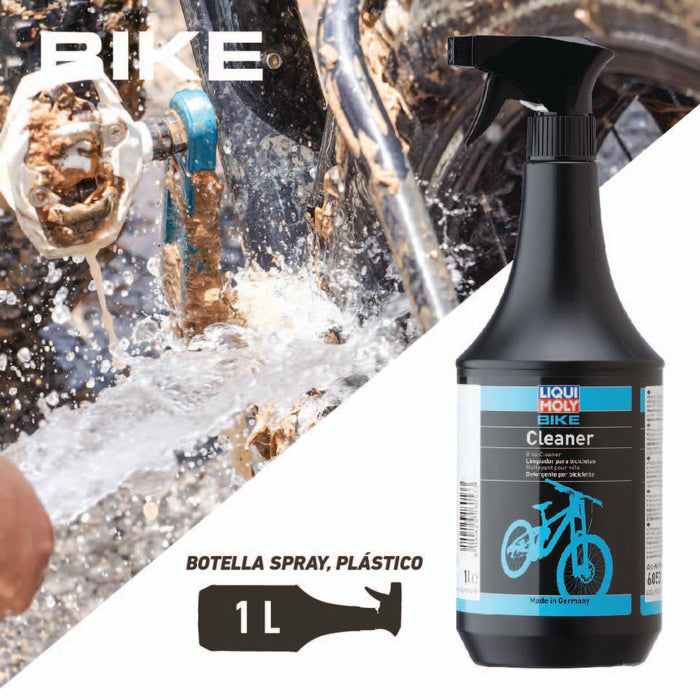 Detergente Liqui Moly Bike Cleaner 1 litro con bicicleta en el barro