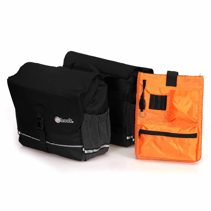 Alforja doble urbana Hook negra con bolsillo interior naranja