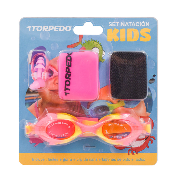 Set de natación infantil Torpedo rosado con lentes, gorro y tapones