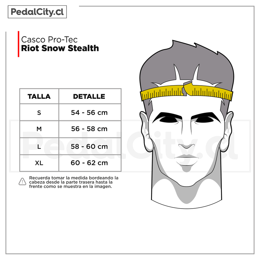 Tabla de tallas del casco Pro-Tec Riot Snow Stealth: S 54-56 cm, M 56-58 cm, L 58-60 cm y XL 60-62 cm