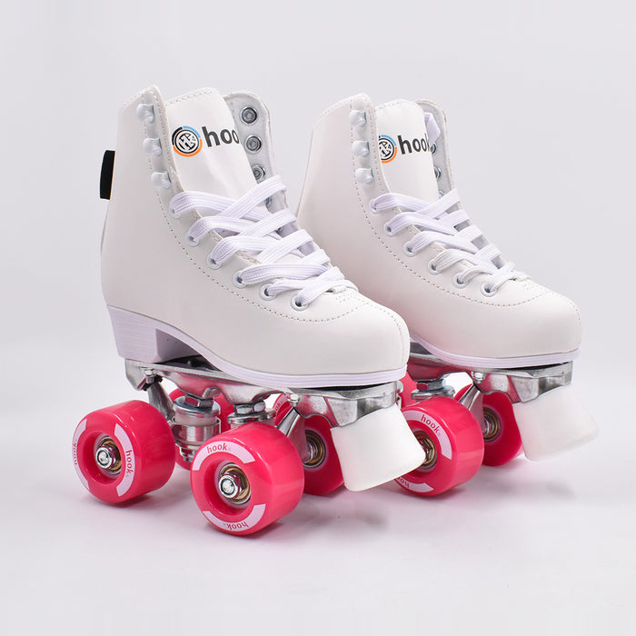 Par de patines quad Hook School HK-112 blancos con base metálica y ruedas rosadas