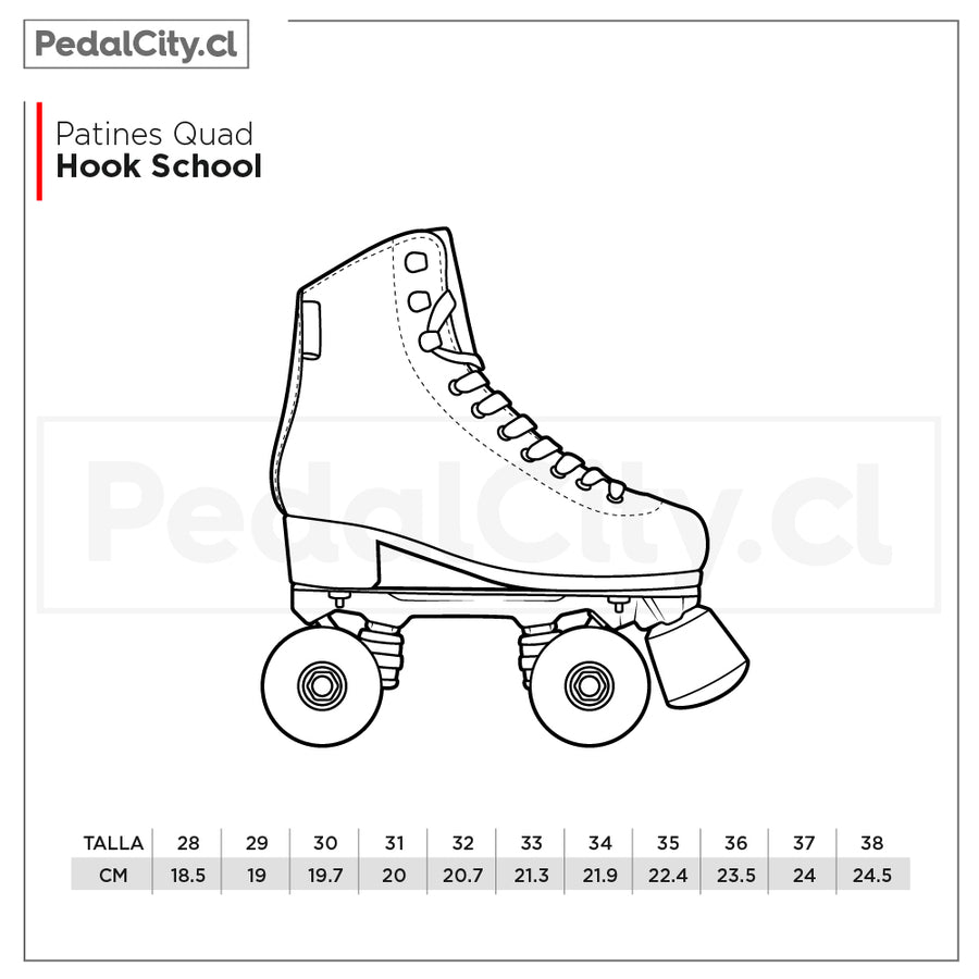Tabla de tallas de los patines quad Hook School: tallas 28 a 38, de 18,5 a 24,5 cm