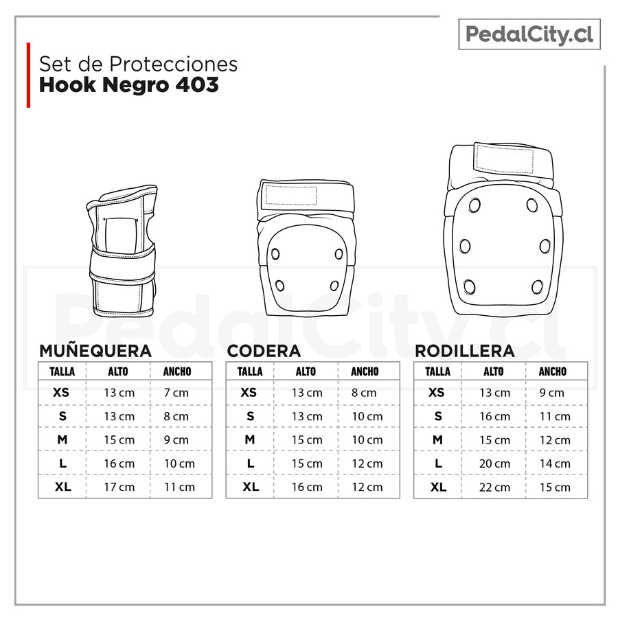 Tabla de tallas del set de protecciones Hook 403: alto y ancho de muñequera, codera y rodillera, de XS a XL