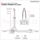 Medidas del scooter infantil Globber Junior Foldable Lights: manillar de 54 a 68 cm y ruedas de 121 y 80 mm