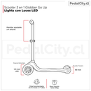 Medidas del scooter 3 en 1 Globber Go Up Sporty Lights: manillar en 4 alturas, ruedas de 121 y 80 mm, de 15 meses a 7 años