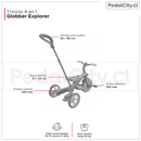 Medidas del triciclo Globber Explorer 4 en 1: manillar para padres de 92 y 96 cm, asiento de 31 y 34 cm, ruedas de 250 y 220 mm