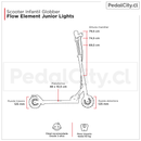 Medidas del scooter Globber Flow Element Junior Lights: manillar de 69,5 a 79,5 cm, ruedas de 125 mm y plataforma de 48 x 10,5 cm