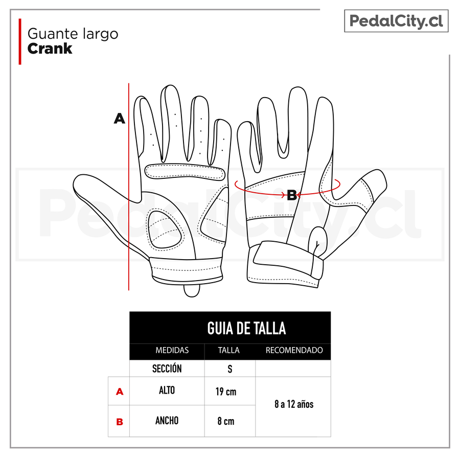 Guía de tallas de los guantes largos Crank según el largo y el ancho de la mano