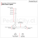 Medidas del scooter Globber Elite Glow Lights: manillar de 67,5 a 82,5 cm y ruedas de 121 y 80 mm