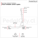 Medidas del scooter Globber Flow Foldable Junior Lights: manillar de 72,5 a 82,5 cm, ruedas de 121 mm y plataforma de 42 x 13 cm