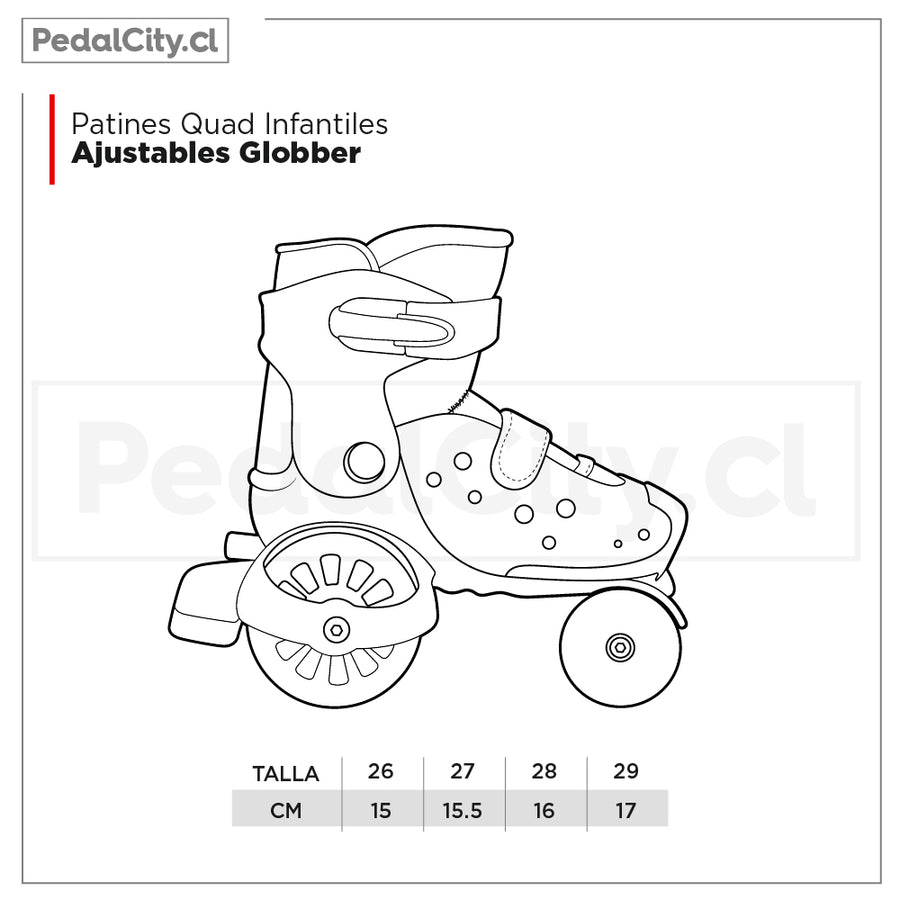 Tabla de tallas de los patines quad infantiles ajustables Globber: tallas 26 a 29, de 15 a 17 cm