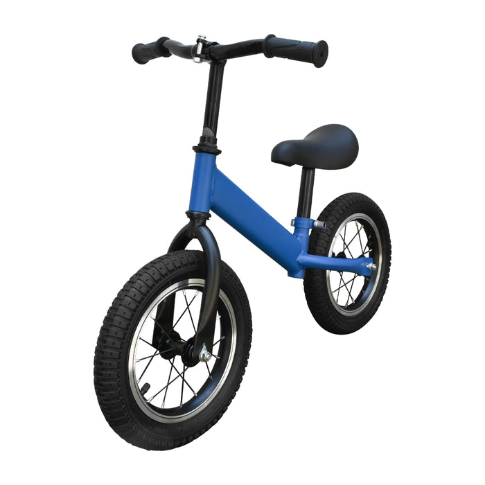 Bicicleta de aprendizaje aro 12 azul, vista frontal en ángulo