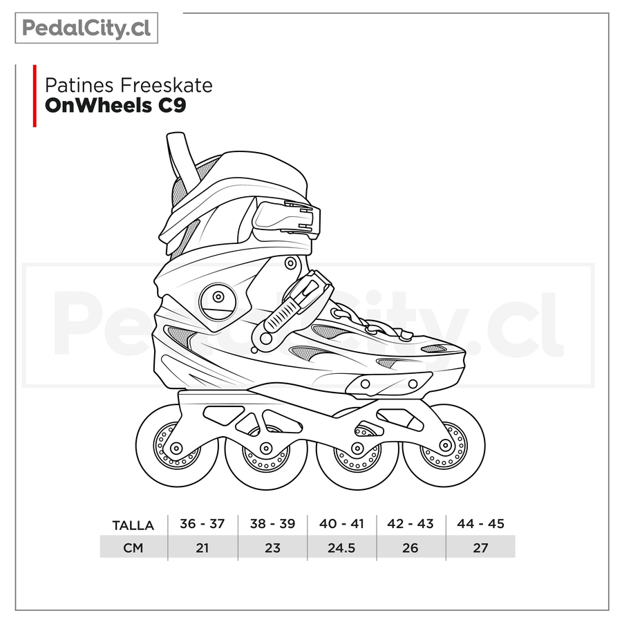 Tabla de tallas de los patines freeskate OnWheels C9: tallas 36-37 a 44-45, de 21 a 27 cm