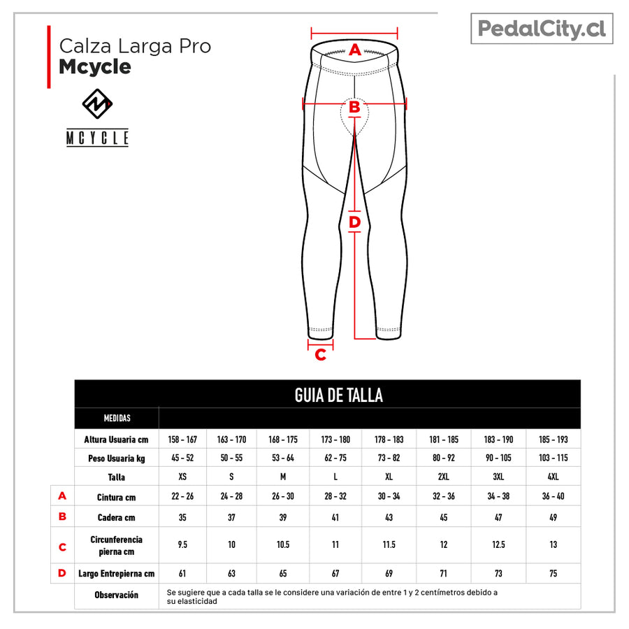 Guía de tallas de la calza larga Mcycle Pro