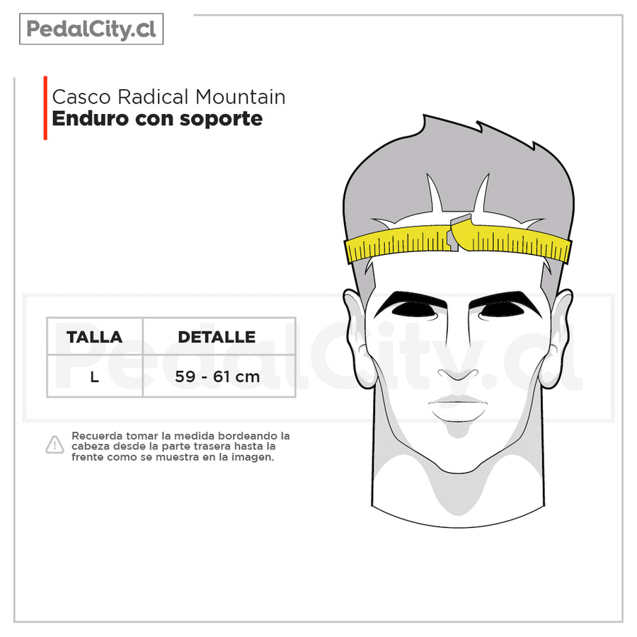 Tabla de tallas del casco Radical Mountain Enduro: talla L de 59 a 61 cm