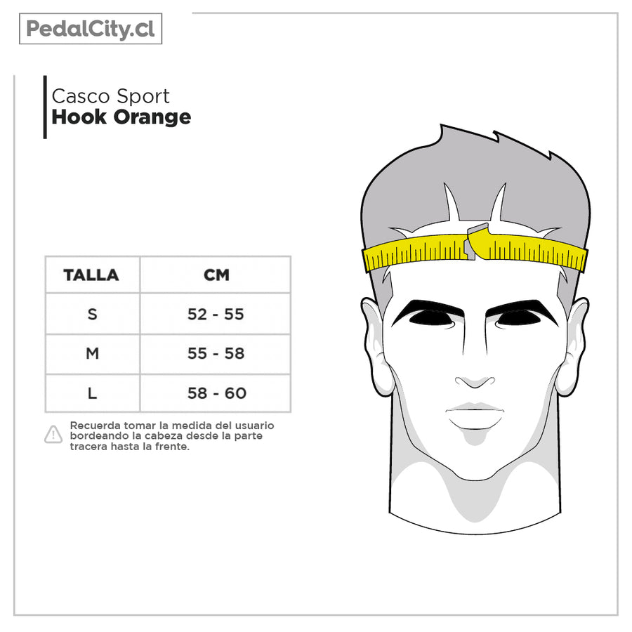 Tabla de tallas del casco sport Hook: S 52-55 cm, M 55-58 cm y L 58-60 cm