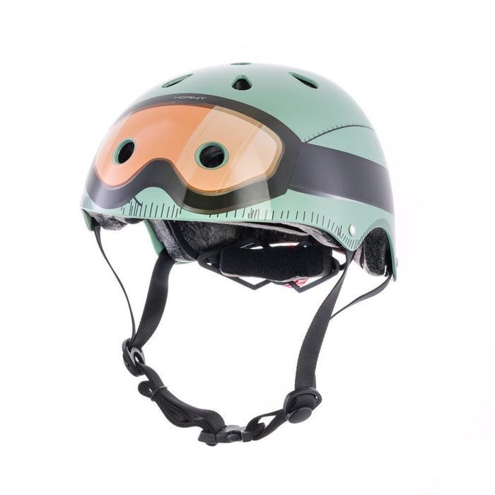 Casco urbano Hornit Militar verde con antiparras dibujadas visto de frente
