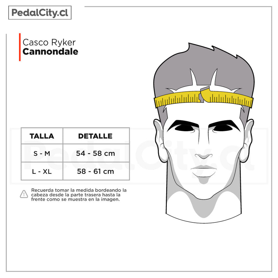 Tabla de tallas del casco Cannondale Ryker: S-M 54-58 cm y L-XL 58-61 cm