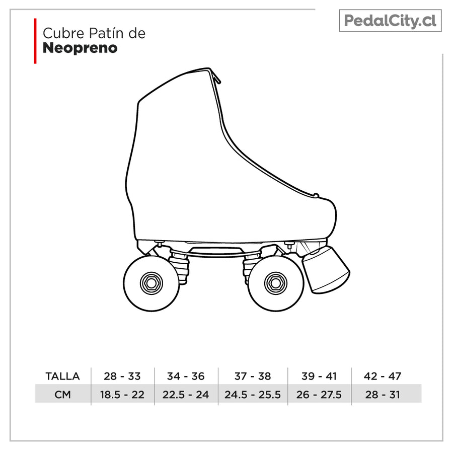 Tabla de tallas del cubre patín de neopreno: tallas 28 a 47, de 18,5 a 31 cm