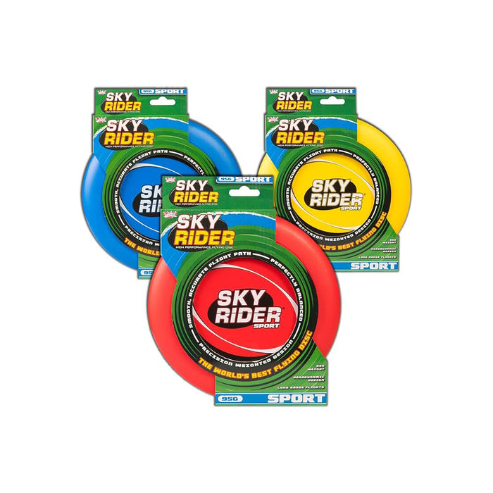 Frisbees Sky Rider Sport azul, rojo y amarillo en su empaque