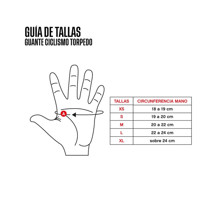 Guía de tallas de los guantes de ciclismo Torpedo según el contorno de la mano