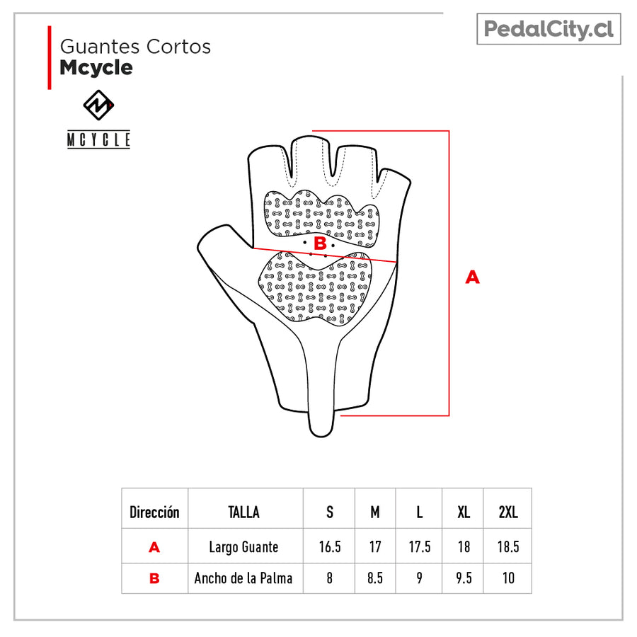 Guía de tallas de los guantes cortos Mcycle según el largo y el ancho de la mano