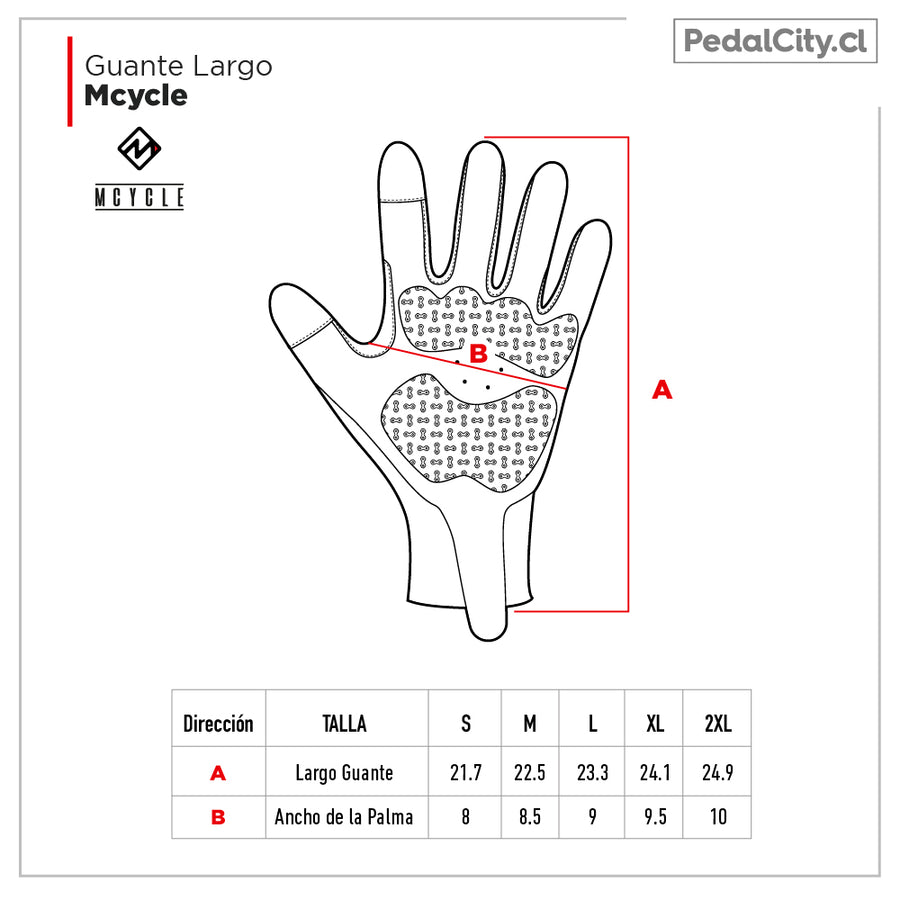 Guía de tallas de los guantes largos Mcycle según el largo y el ancho de la mano