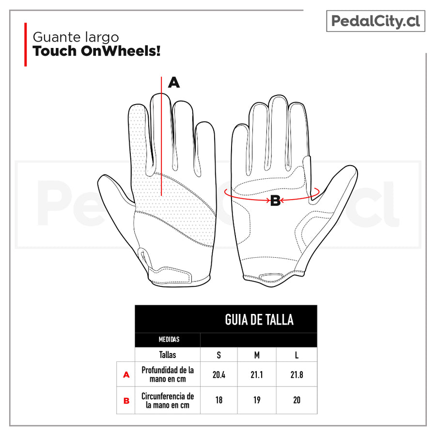 Guía de tallas de los guantes largos OnWheels Touch según la mano
