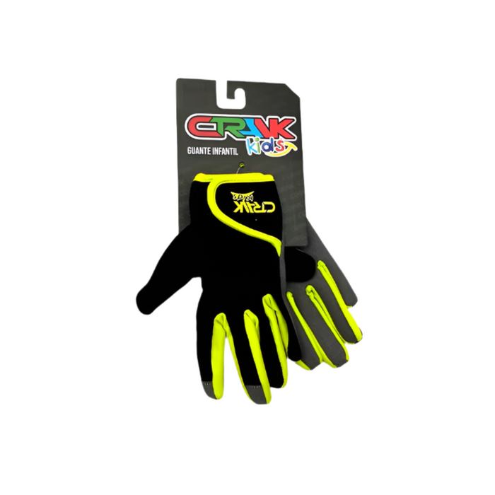 Guantes largos infantiles Crank Kids negros y verdes en su empaque