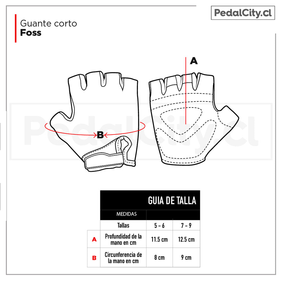 Guía de tallas de los guantes cortos infantiles Foss según la mano