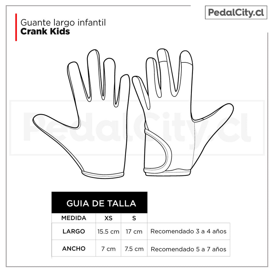 Guía de tallas de los guantes largos infantiles Crank Kids