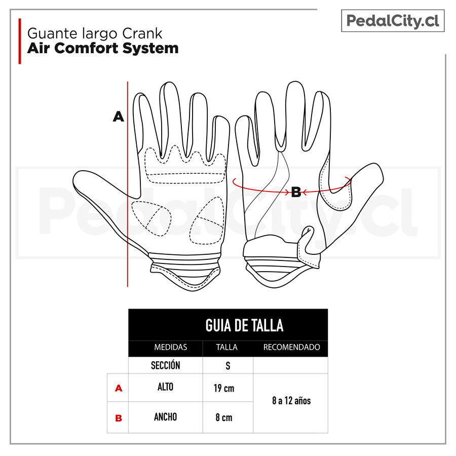Guía de tallas de los guantes largos Crank según el largo y el ancho de la mano