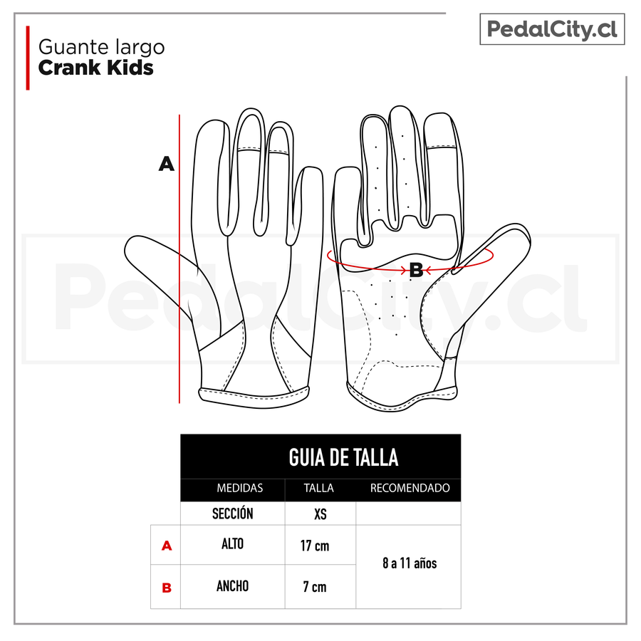Guía de tallas de los guantes largos Crank Kids