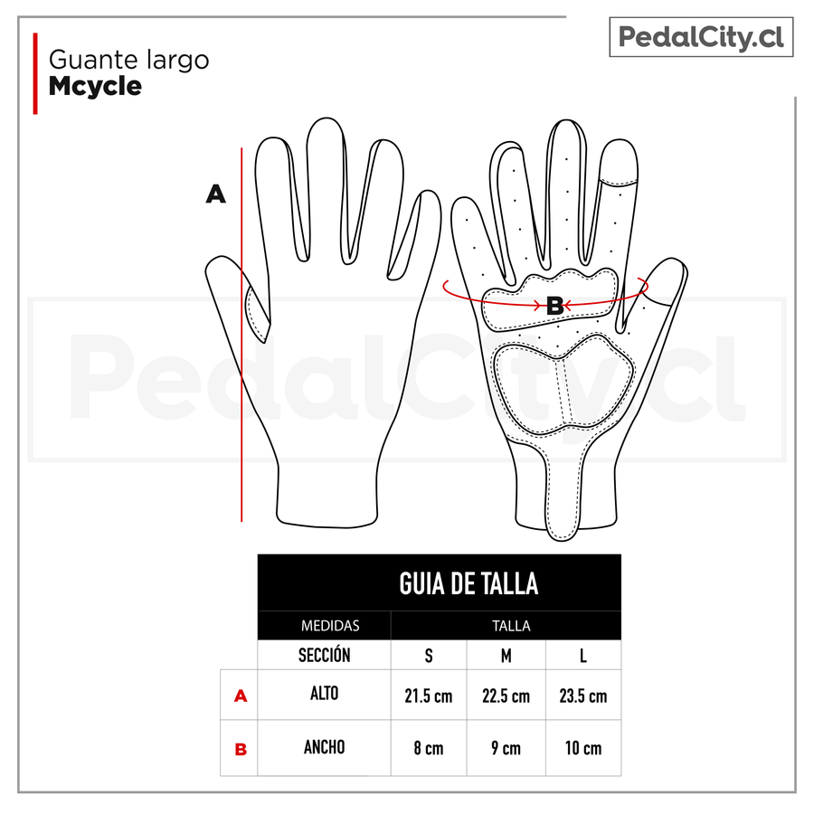 Guía de tallas de los guantes largos Mcycle según el largo y el ancho de la mano