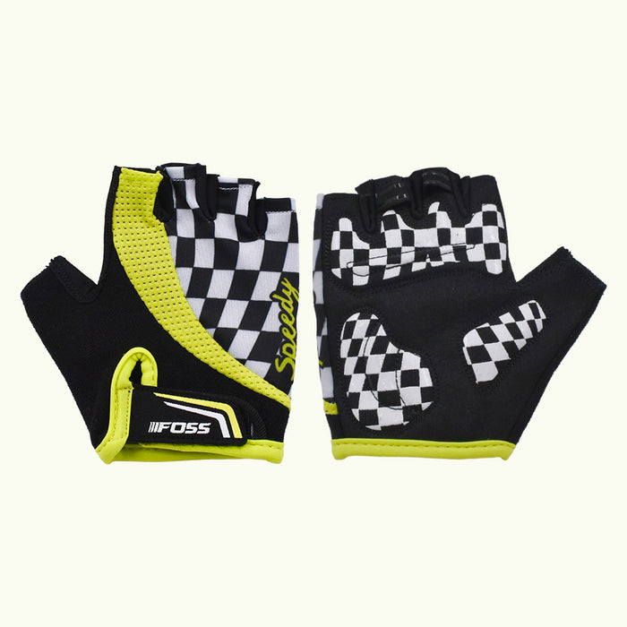 Par de guantes cortos infantiles Foss Speedy negros y verde lima con diseño de bandera de carreras