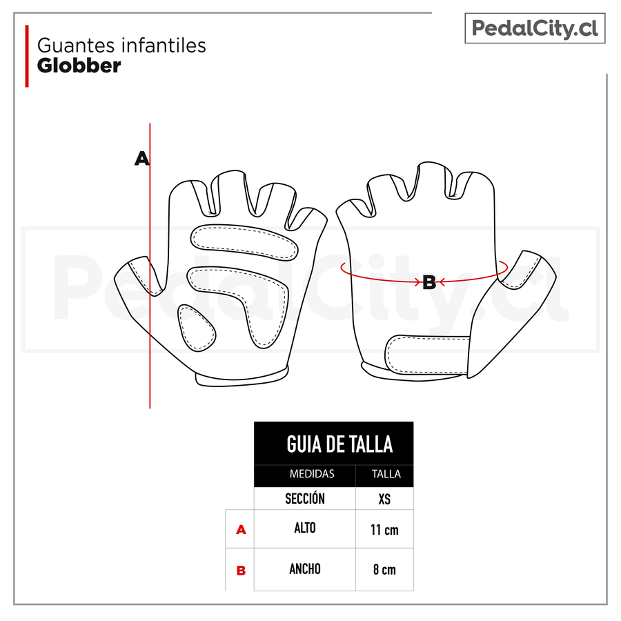 Guía de tallas de los guantes infantiles Globber: alto y ancho de la mano